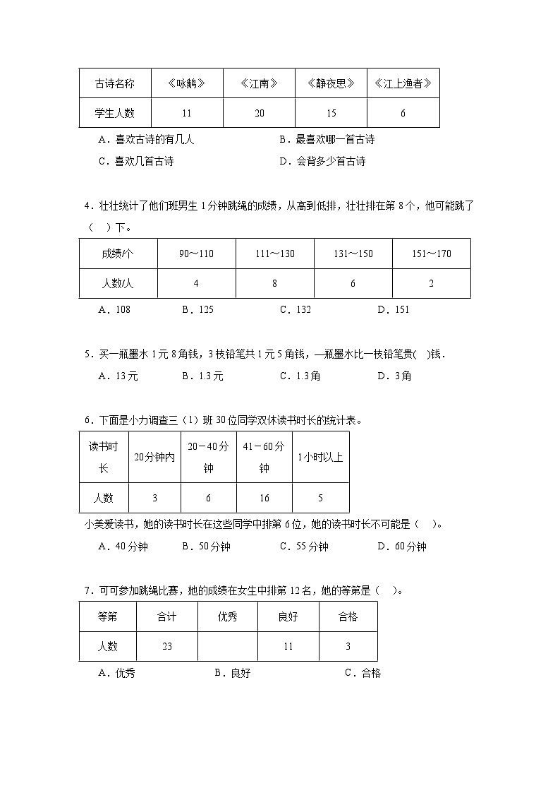 第九单元数据的收集和整理（二）期末复习练  苏教版数学三年级下册第2页