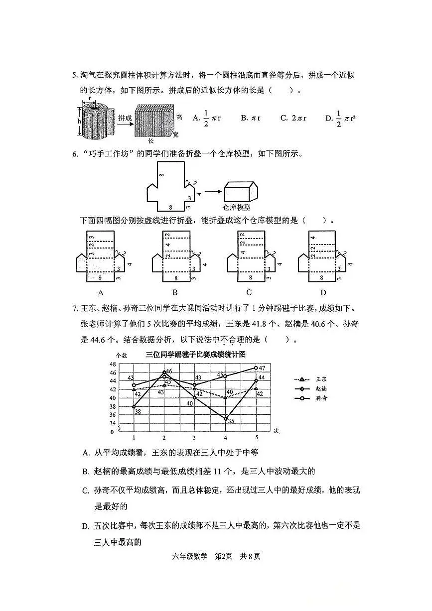 北京市海淀区2024-2025学年第二学期六年级数学期末试卷（无答案）第2页
