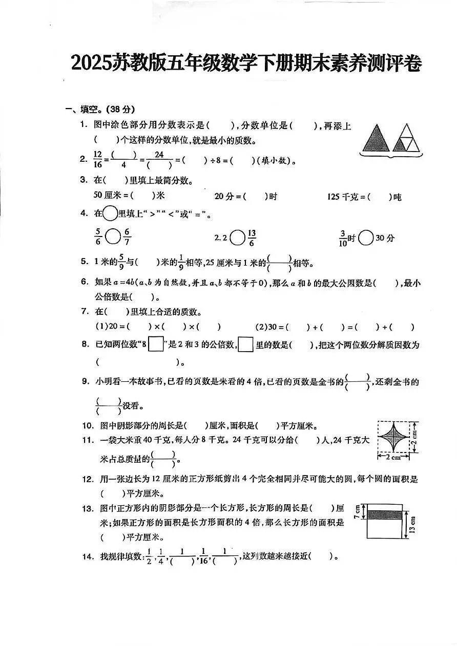 江苏苏州市2024-2025学年五年级下学期期末数学测试卷第1页