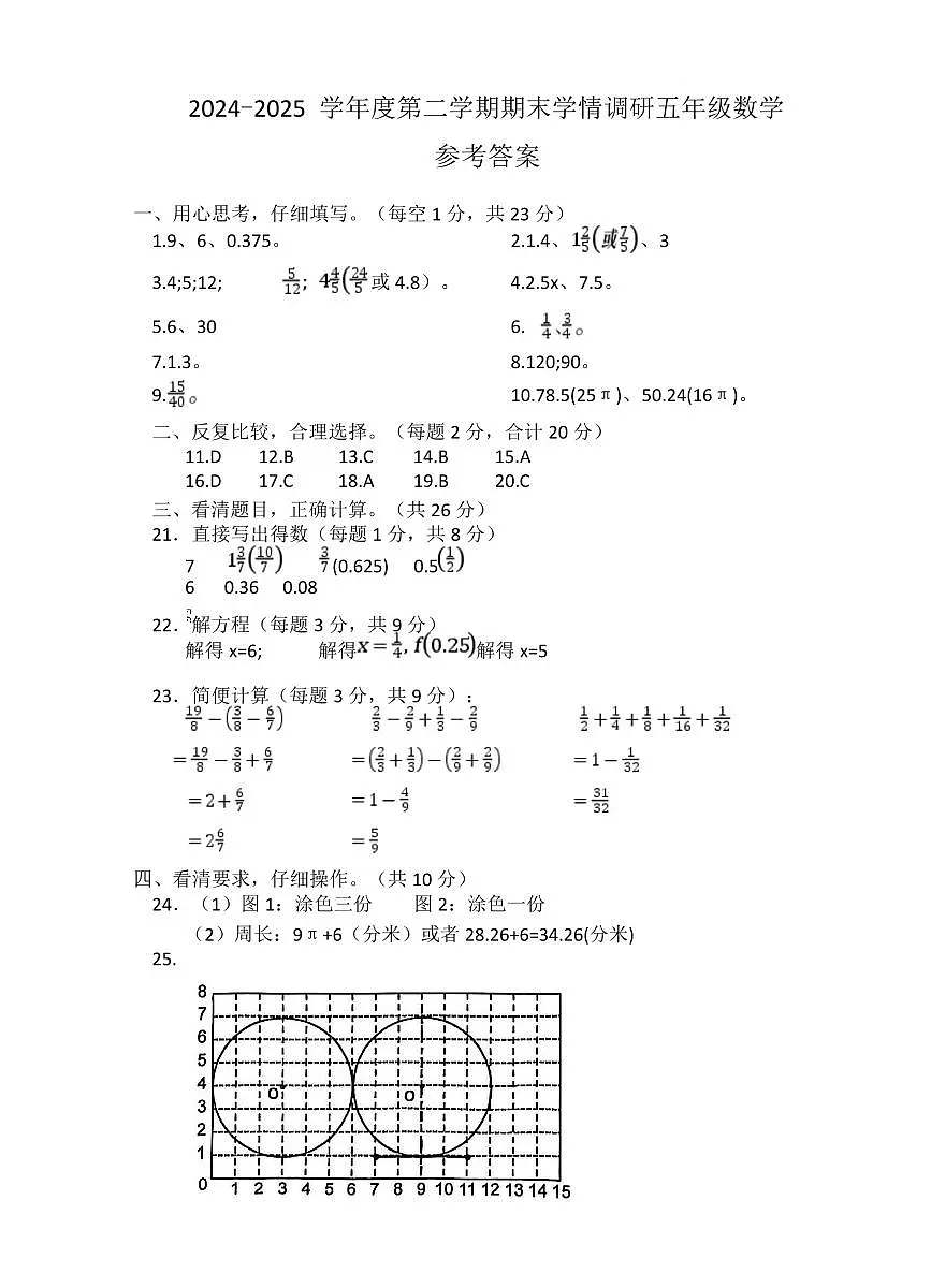 江苏宿迁市宿城区2025年五年级下学期6月期末数学答案第1页