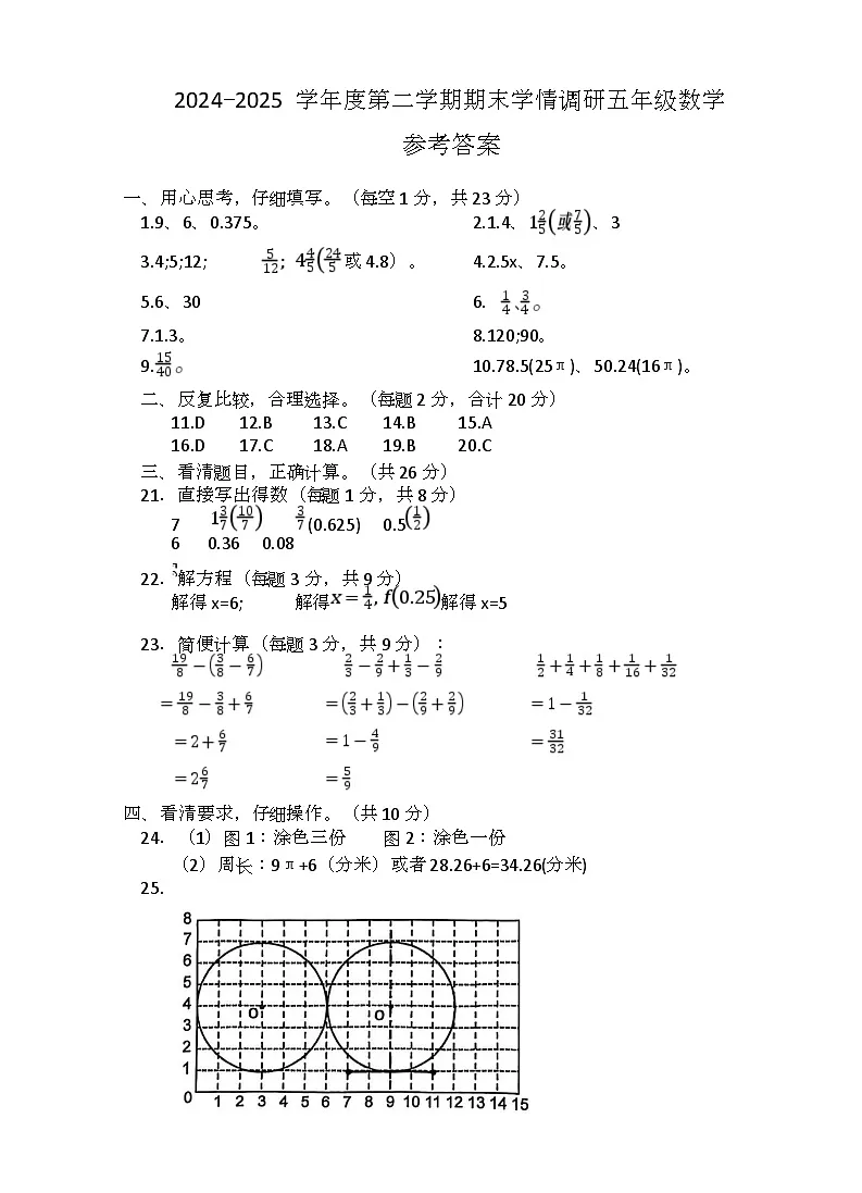 五年级数学试卷及答案 五年级数学参考答案第1页