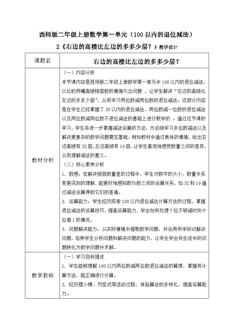 西师版二年级上册数学第一单元2《100以内的退位减法--右边的高楼比左边的多多少层？》教学设计第1页