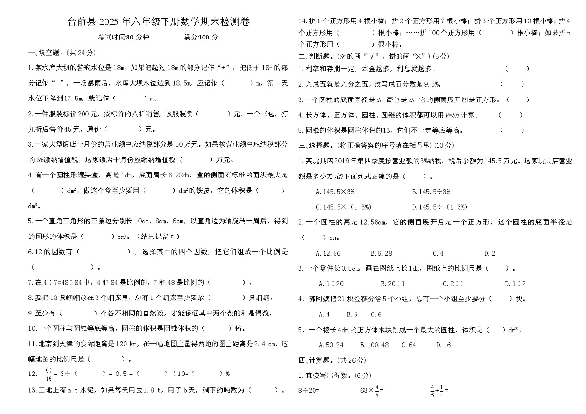 河南省濮阳市台前县2024-2025学年六年级下学期期末检测数学试题第1页