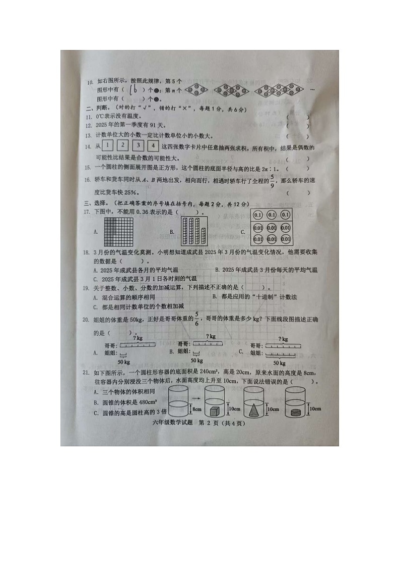 山东省菏泽市成武县2024-2025学年六年级下学期7月期末数学试题第2页