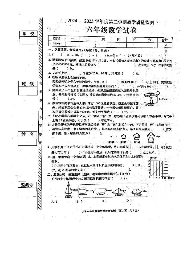 广东省揭阳市普宁市2024-2025学年第二学期六年级数学期末试卷（含答案）第1页