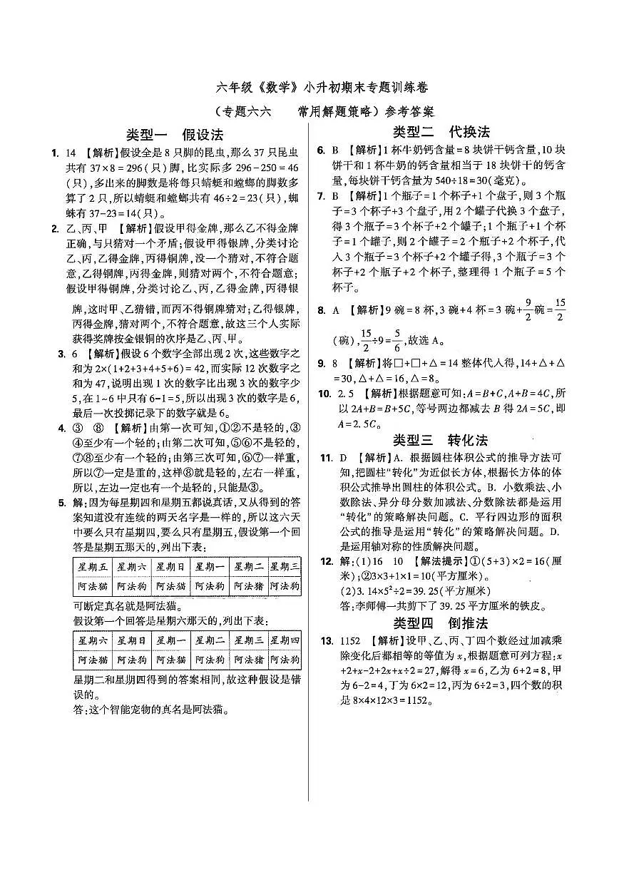 六年级《数学》小升初期末专题训练卷（专题六六 常用解题策略）参考答案第1页