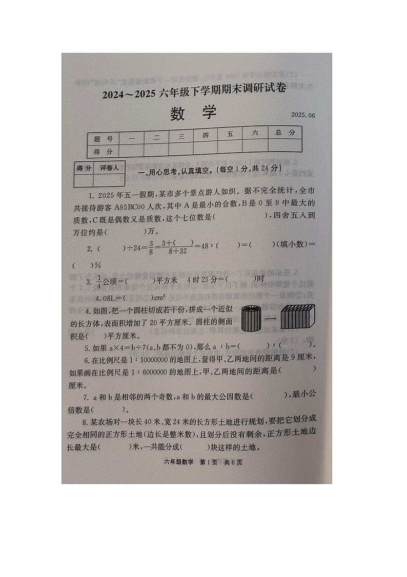 河南省新乡市封丘县2024-2025学年下学期六年级数学期末试卷（含答案）第1页