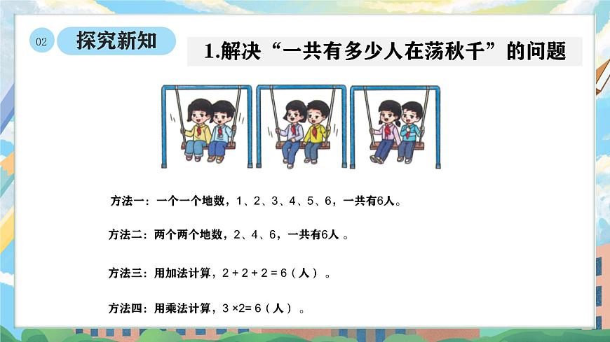 西师版二年级上册数学第二单元（表内乘法）4《1-5的乘法口诀一共有几个人在荡秋千？》课件pptx.第5页