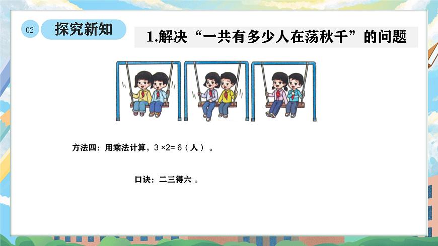 西师版二年级上册数学第二单元（表内乘法）4《1-5的乘法口诀一共有几个人在荡秋千？》课件pptx.第6页