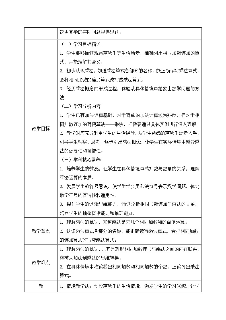 西师版二年级上册数学第二单元（表内乘法）4《1-5的乘法口诀一一共有几人在荡秋千？》教学设计第2页