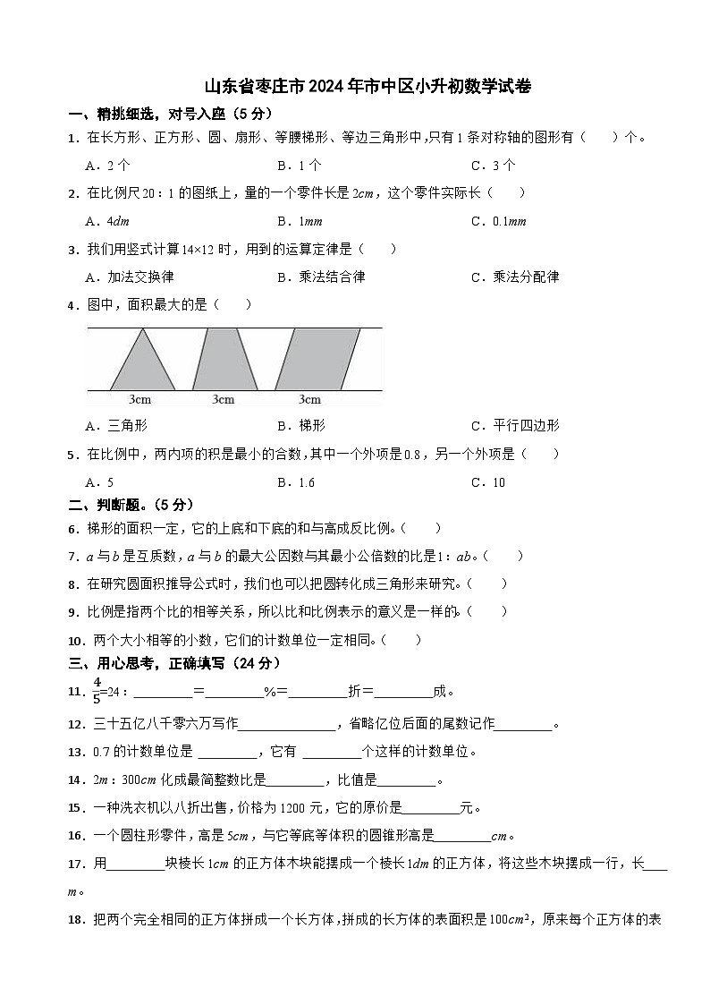 山东省枣庄市2024年市中区小升初数学试卷第1页