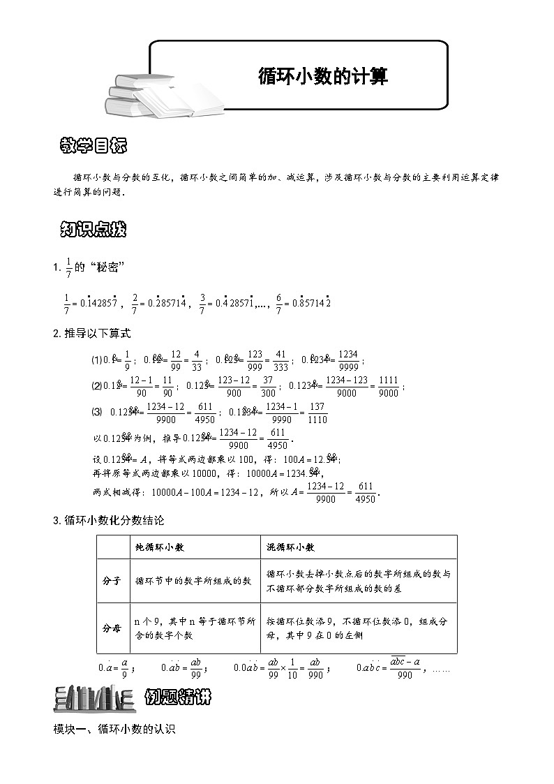 小学数学奥数专项习题与答案解析-循环小数计算第1页