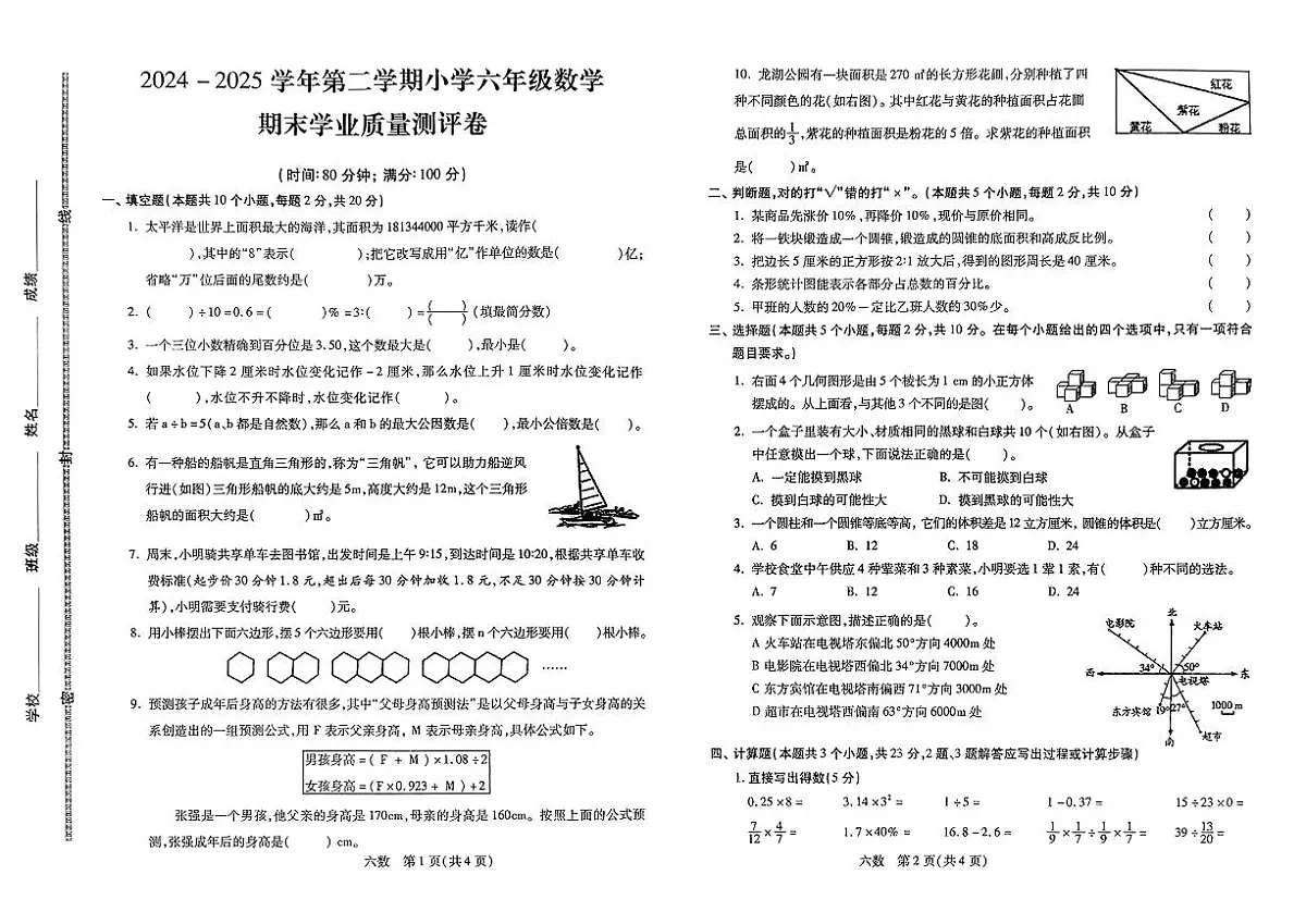 河北省邯郸市丛台区2024-2025学年六年级下学期期末数学试题第1页