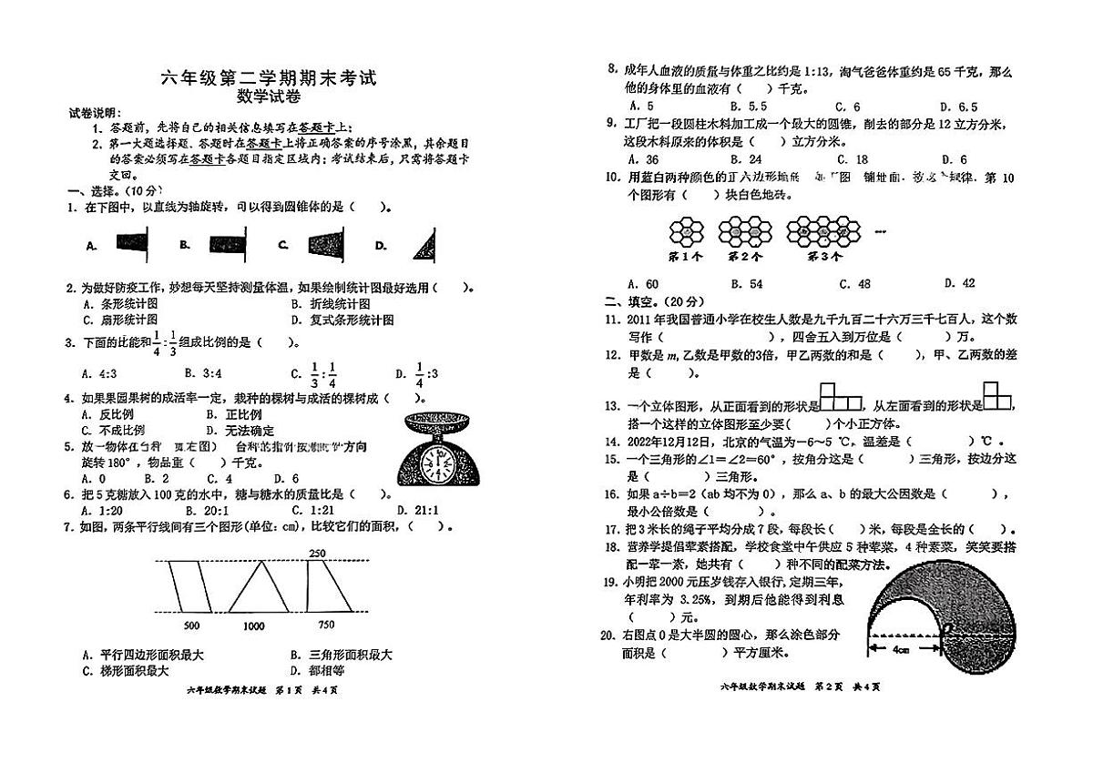 广东省惠州市惠阳区2024-2025学年六年级下数学期末试卷第1页