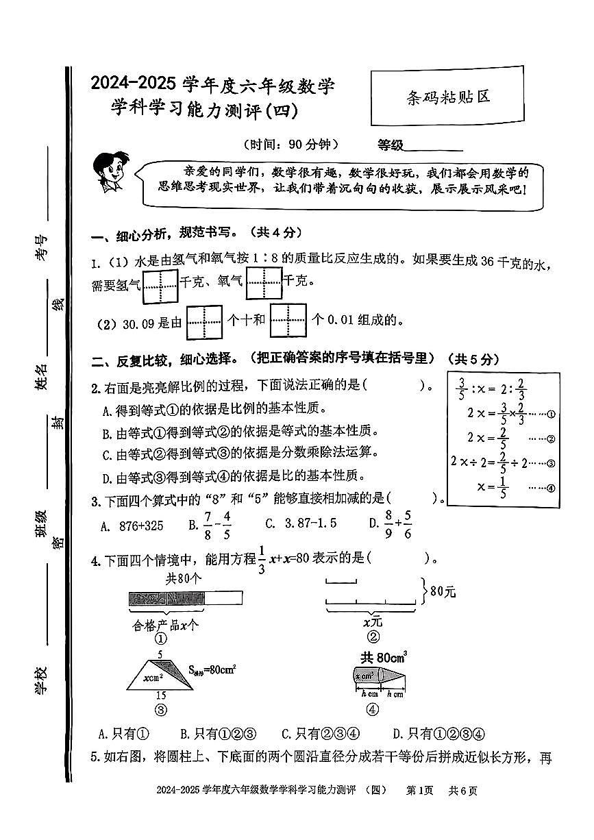 山东省枣庄市台儿庄区2024-2025学年六年级下学期期末综合能力测试数学试题第1页