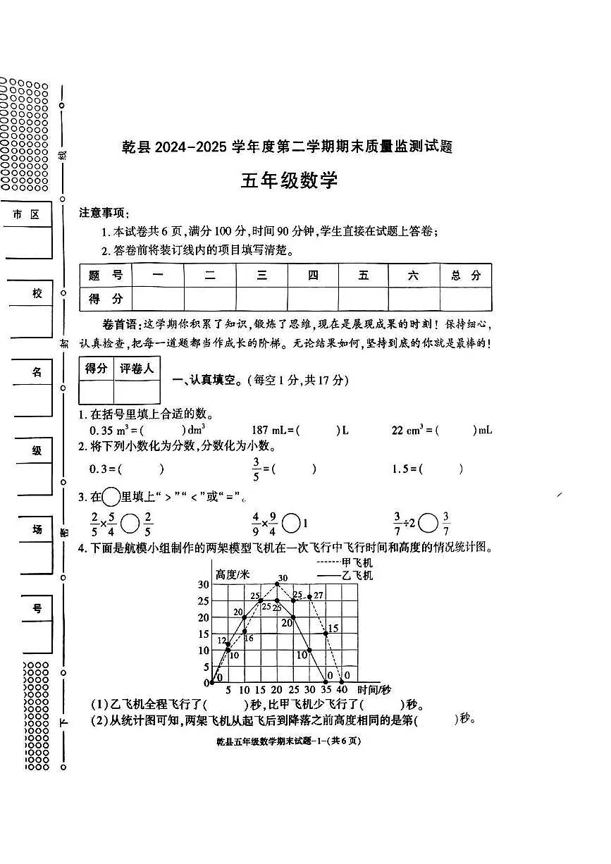 陕西省咸阳市乾县2024-2025学年五年级下数学期末试卷 (2)第1页