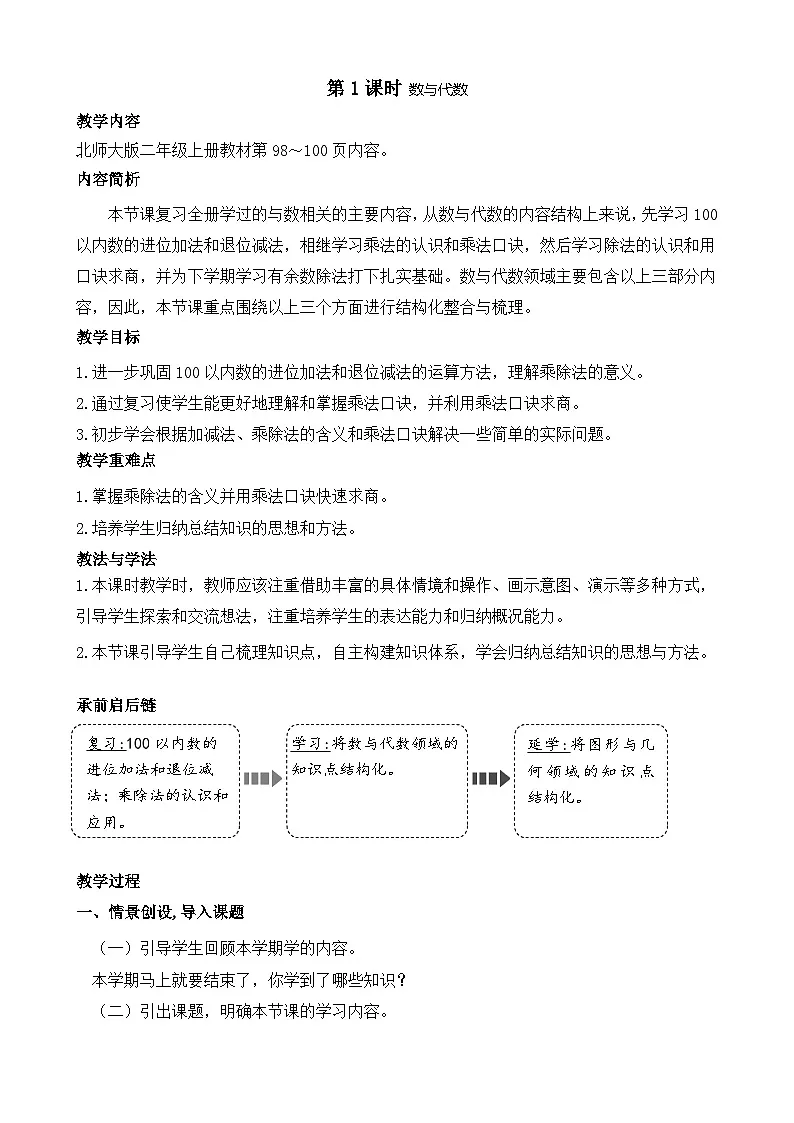 北师大版（2024）数学二年级上册 总复习 第1课时 数与代数（教案）第1页