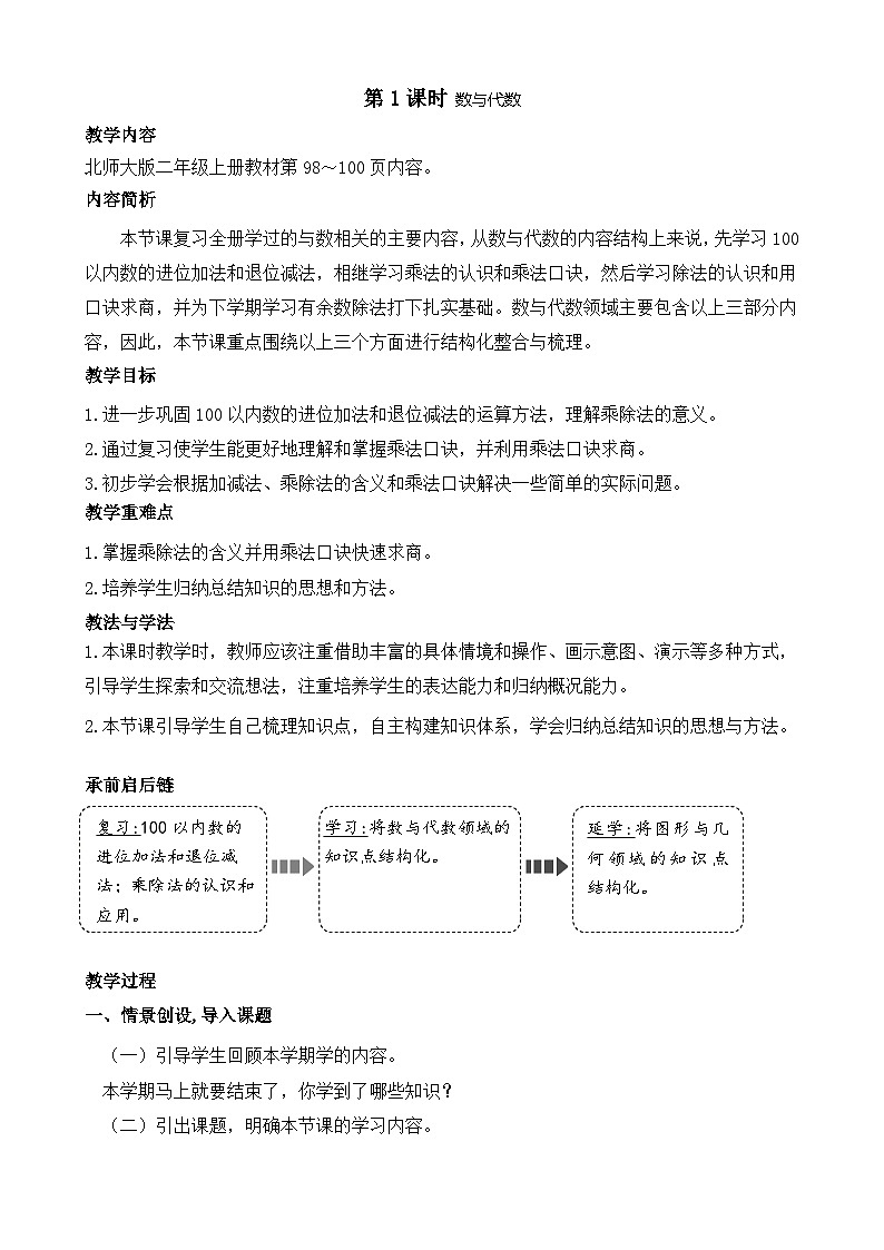 北师大版（2024）数学二年级上册 总复习 第1课时 数与代数（教案）第1页