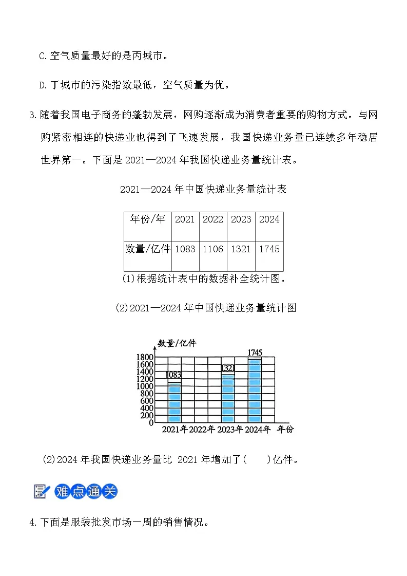 人教版四年级数学上册第九单元课时练习卷（4）《统计与数学广角》（含答案）第2页