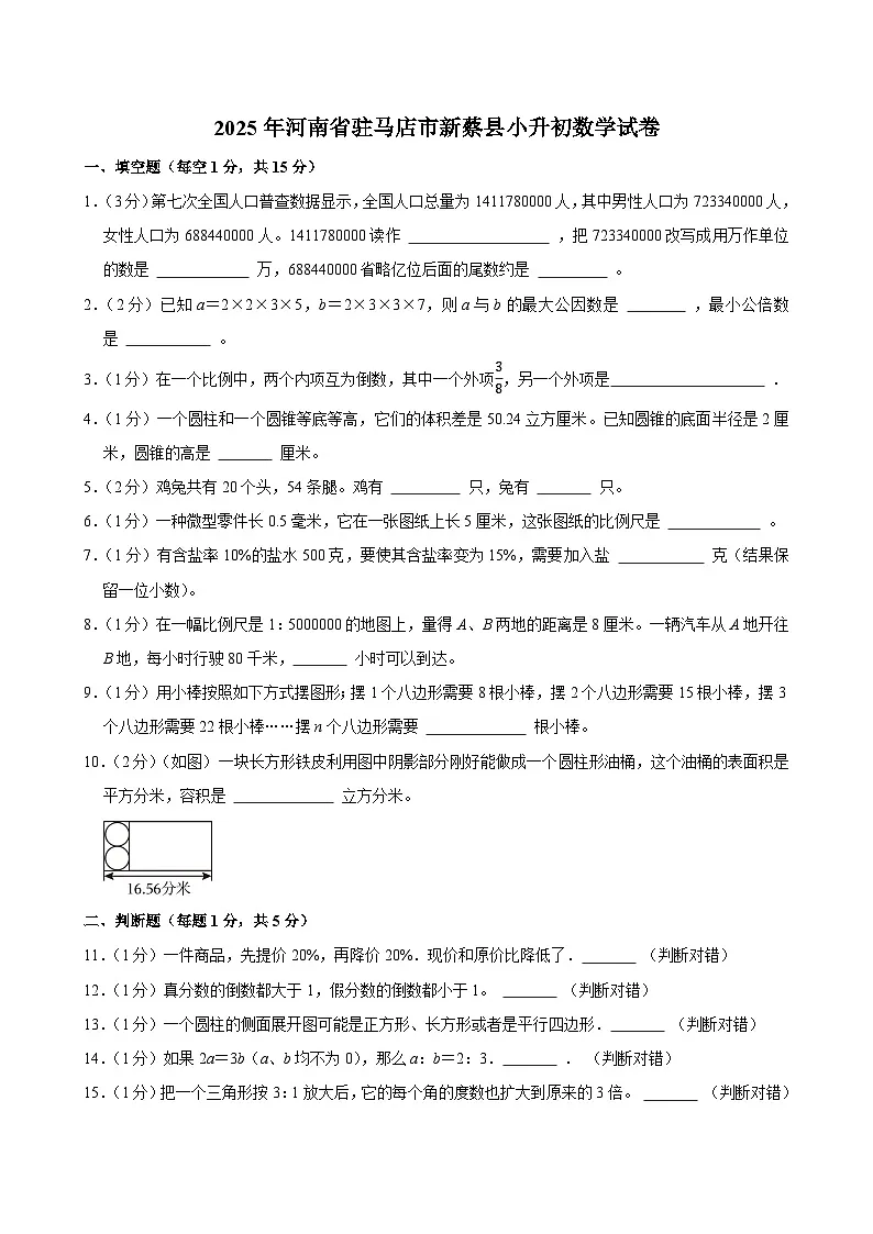 2025年河南省驻马店市新蔡县小升初数学试卷第1页