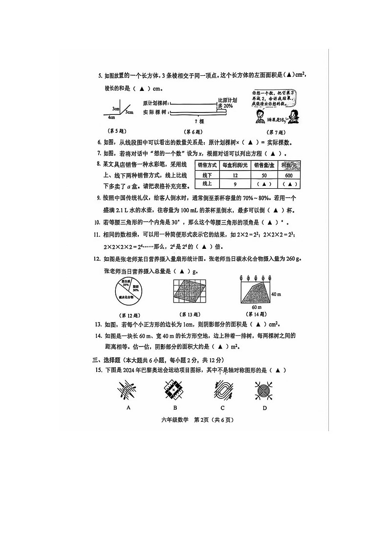 江苏省徐州市睢宁县2024-2025学年下学期六年级数学期末试卷第2页