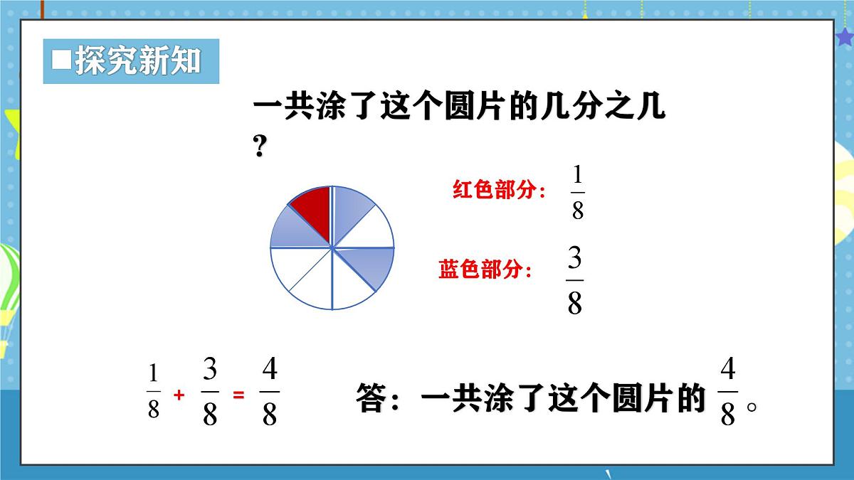 西师版三年级上册数学第五单元（分数的初步认识）4《同分母分数加法-一共涂了这个圆片的几分之几》课件第6页