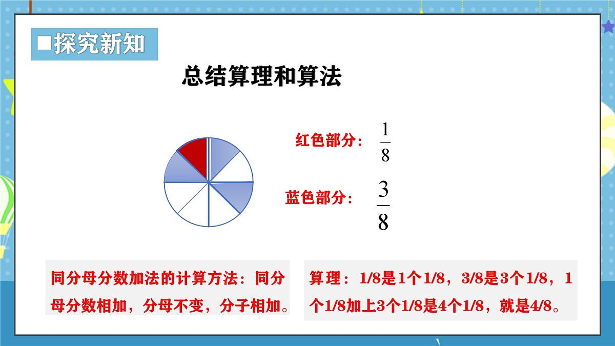 西师版三年级上册数学第五单元（分数的初步认识）4《同分母分数加法-一共涂了这个圆片的几分之几》课件第8页