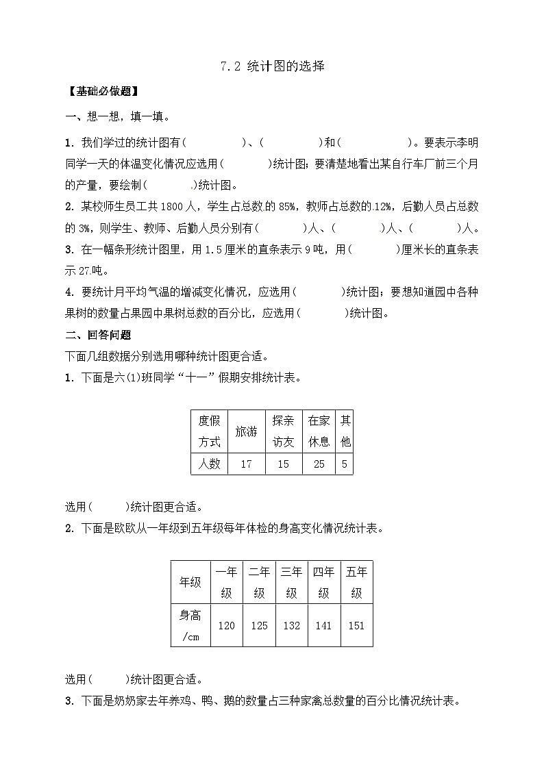 【任务型备课】人教版六年级上册-7.2 统计图的选择（作业）第1页