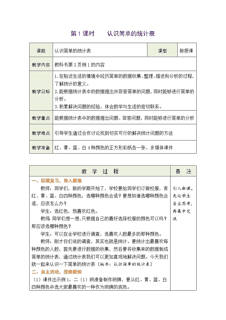 【单元整体教学】人教版二年级数学下册 第1单元 数据收集和整理精品表格式教案第3页
