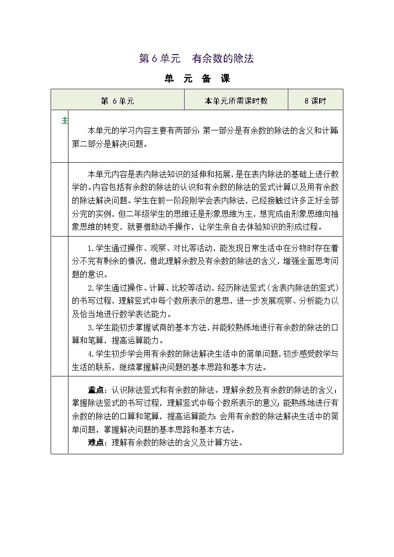 【单元整体教学】人教版二年级数学下册 第6单元  有余数的除法表格式教案第1页
