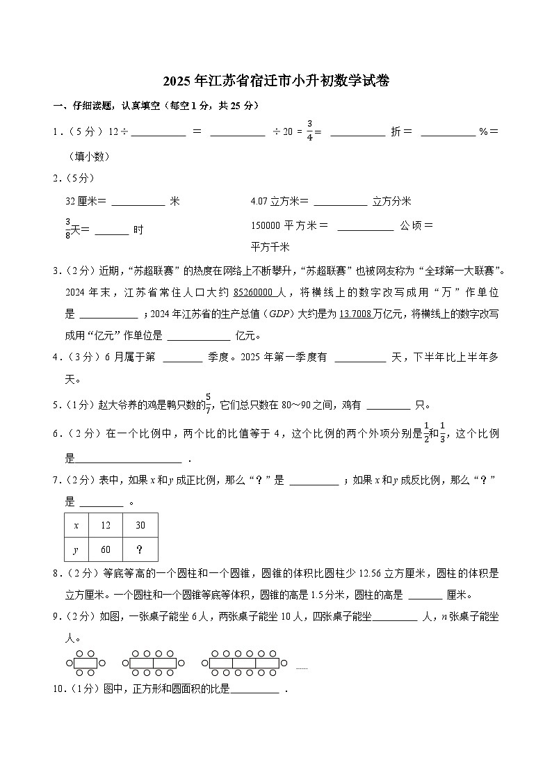 2025年江苏省宿迁市小升初数学试卷第1页