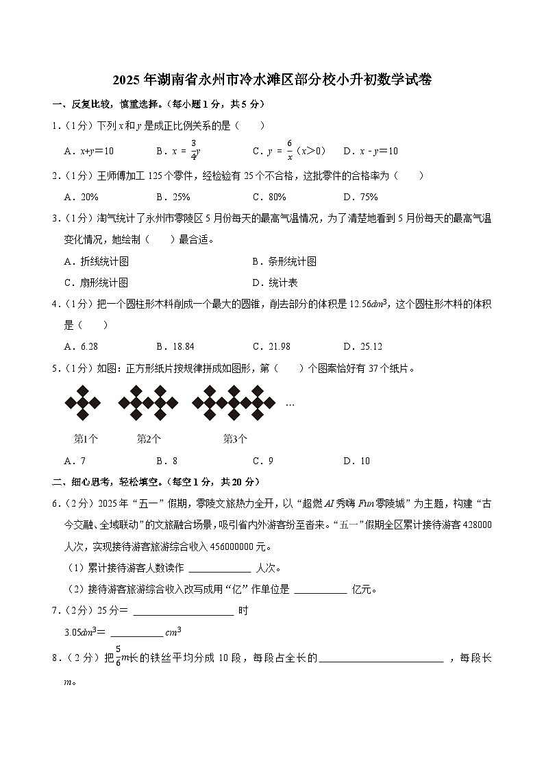 2025年湖南省永州市冷水滩区部分校小升初数学试卷第1页
