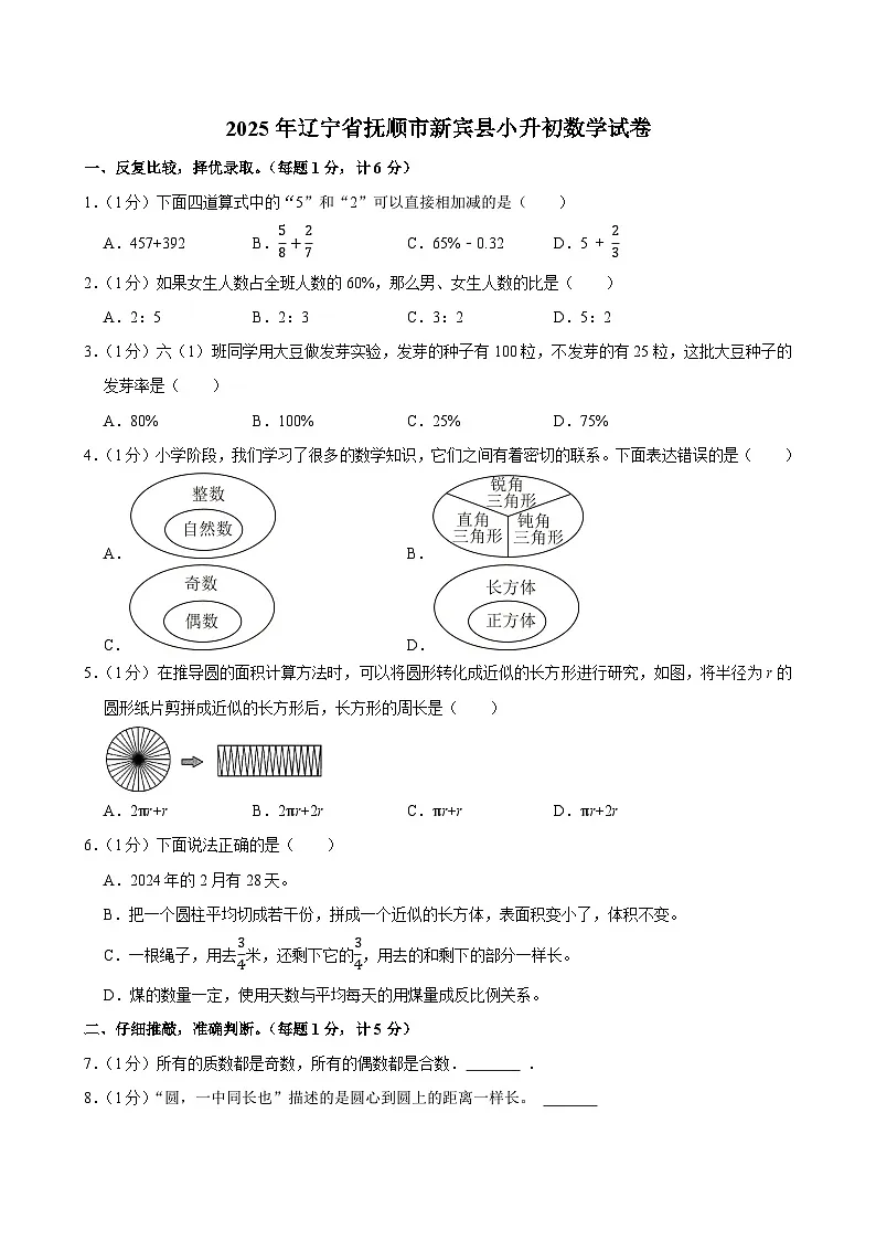 2025年辽宁省抚顺市新宾县小升初数学试卷第1页