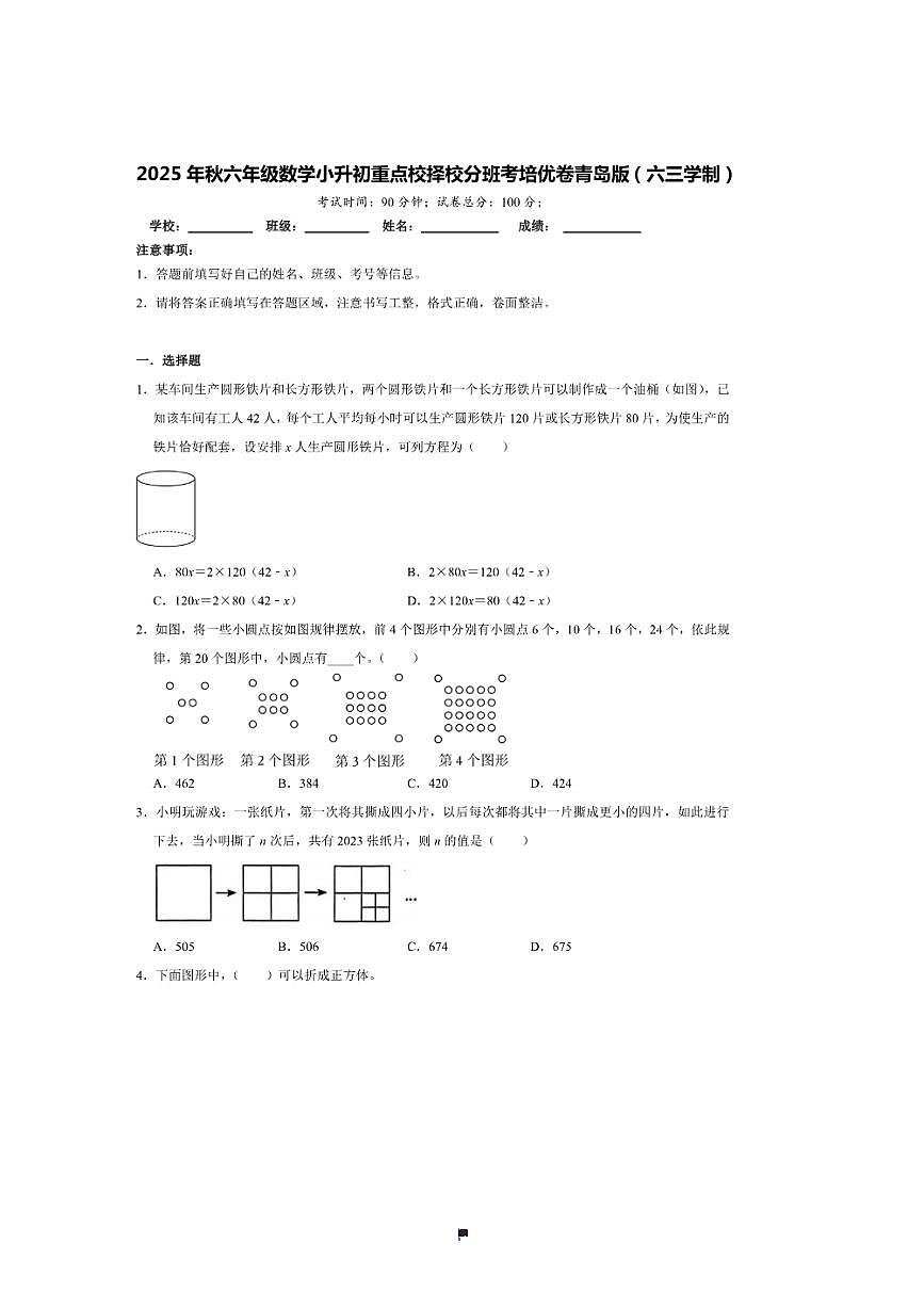 2025年(小升初择校分班考)小升初重点校择校分班考培优卷～秋六年级数学青岛版(六三学制)试卷(含答案解析)第1页