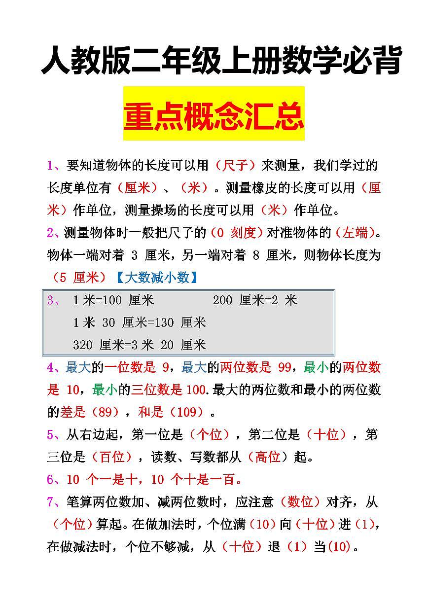 人教版二年级上册数学期末专项练习必背【重点概念汇总】第1页