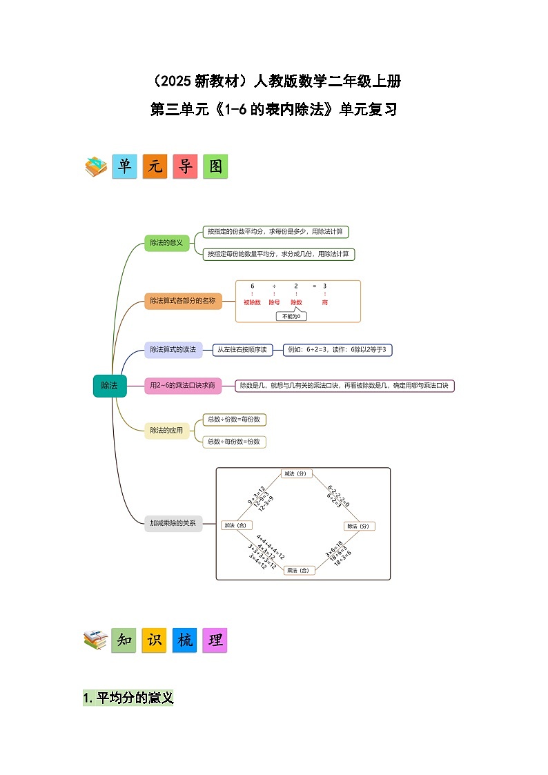 （2025新教材）人教版小学数学二年级上册第三单元《1~6的表内除法》单元复习讲义（解析版）第1页