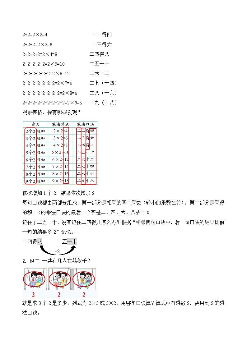 【任务型备课】西师大版二年级上册-2.2 2的乘法口诀（教案）第2页