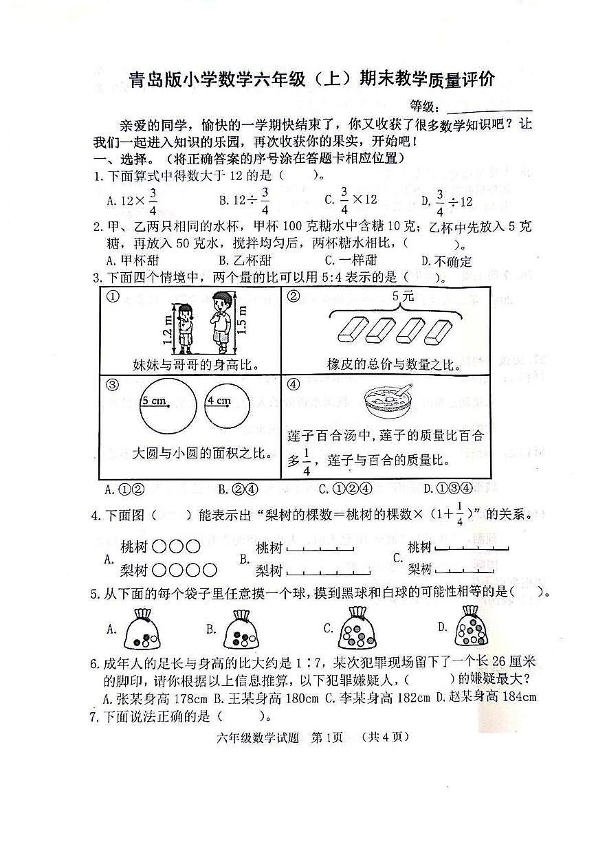 山东省聊城市冠县2024-2025学年六年级上学期1月期末数学试题及答案第1页