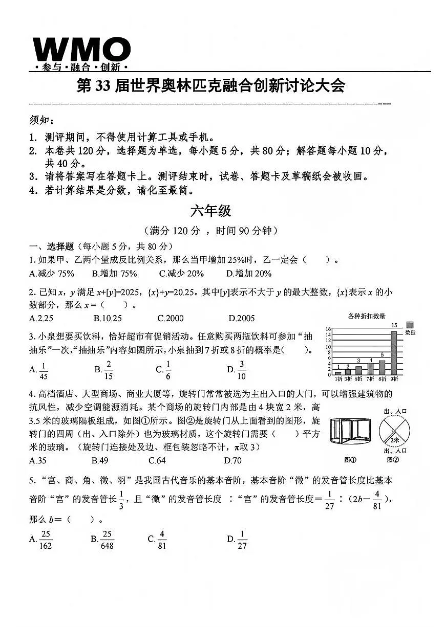 2025年第33届WMO世界奥林匹克竞赛中国赛区省测（复测）六年级数学试题第1页