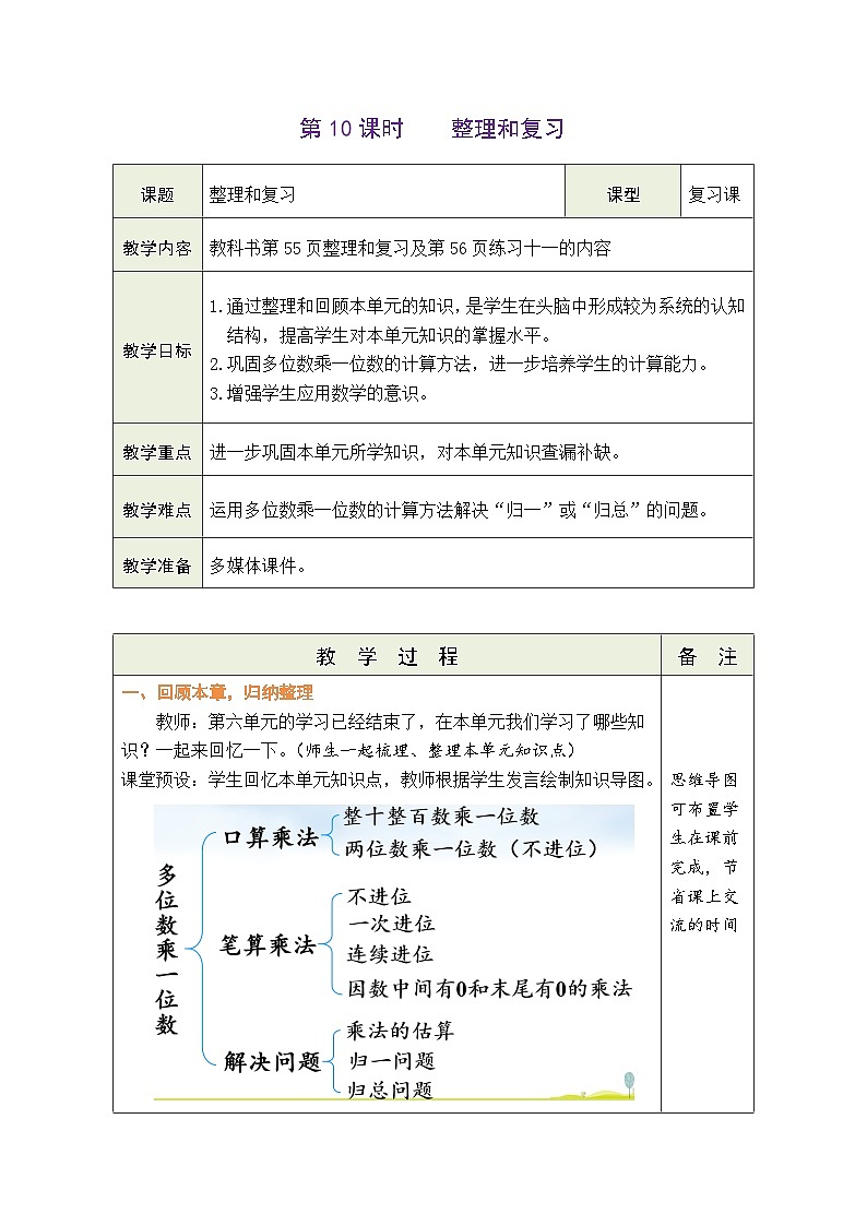人教版（2024）数学三年级上册 4.10 整理和复习（表格式教案）第1页