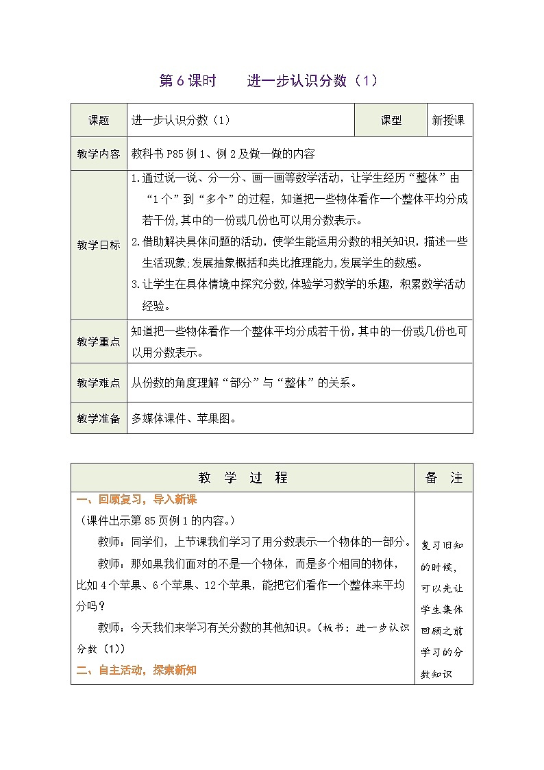 人教版（2024）数学三年级上册 6.6 进一步认识分数（1）（表格式教案）第1页