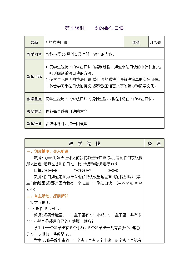 人教版（2024）数学二年级上册 2.2 2~6的乘法口诀 第1课时 5的乘法口诀（表格式教案）第1页