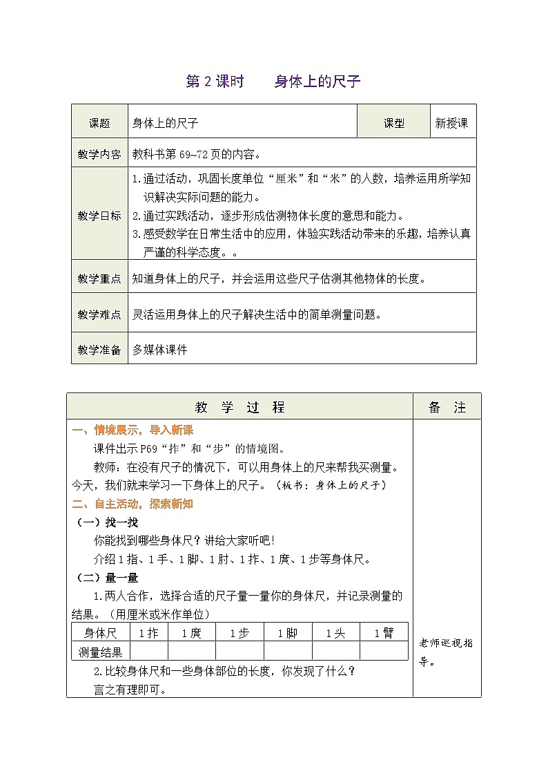 人教版（2024）数学二年级上册 身体上的尺子 第2课时 身体上的尺子（表格式教案）第1页