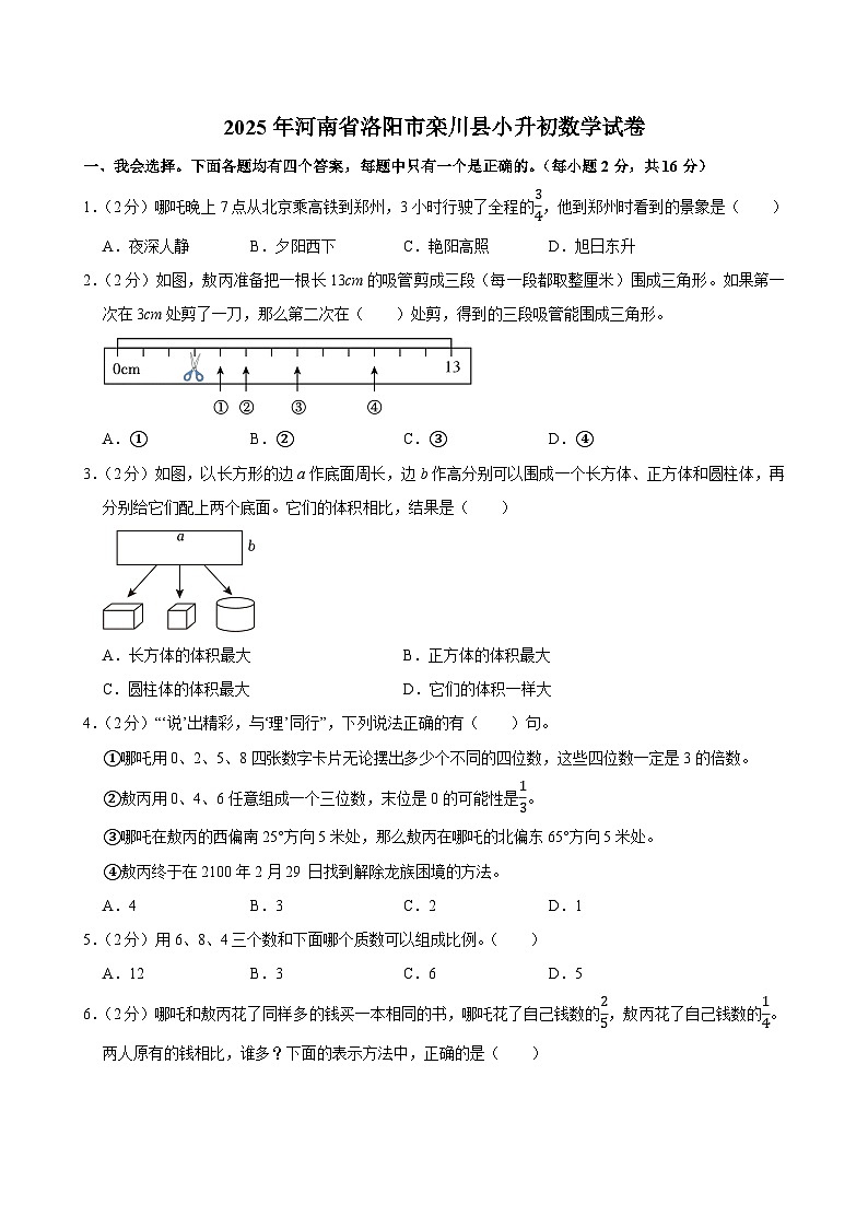 2025年河南省洛阳市栾川县小升初数学试卷第1页