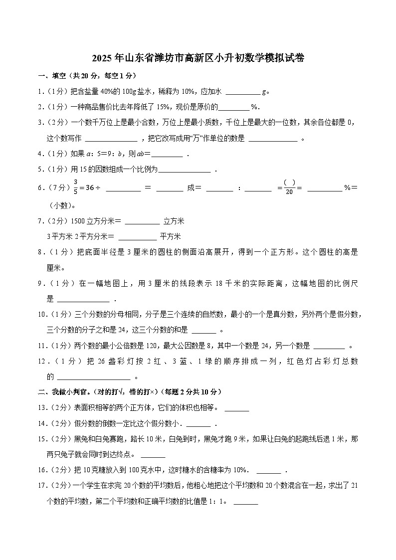 2025年山东省潍坊市高新区小升初数学模拟试卷第1页