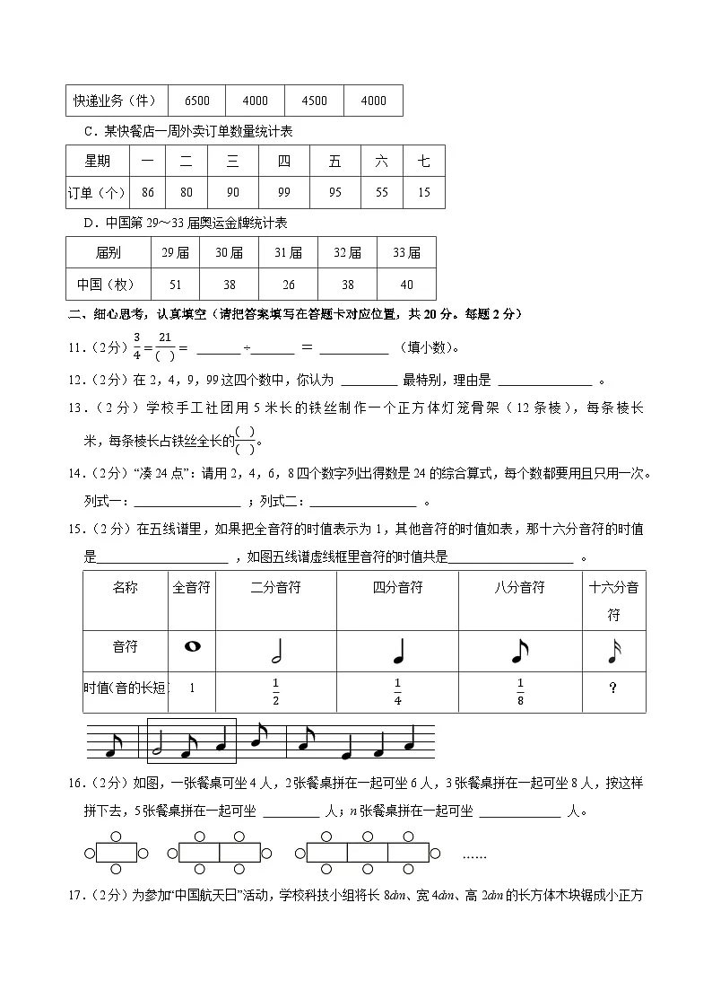 2024-2025学年四川省自贡市五年级（下）期末数学试卷第3页