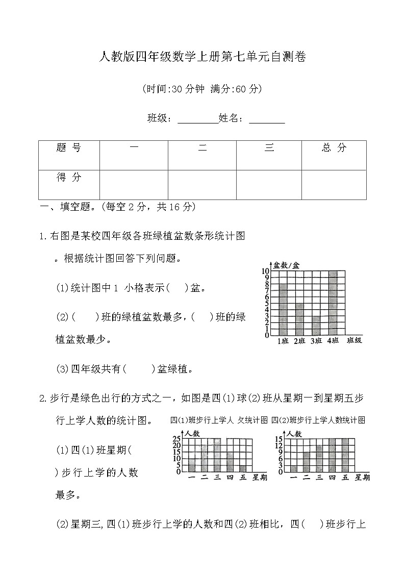 人教版四年级数学上册第七单元自测卷(含答案)第1页