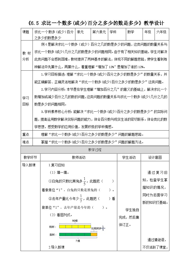 《6.5 求比一个数多(或少)百分之多少的数是多少》教学设计 2025-2026学年小学数学六年级上课 人教版第1页