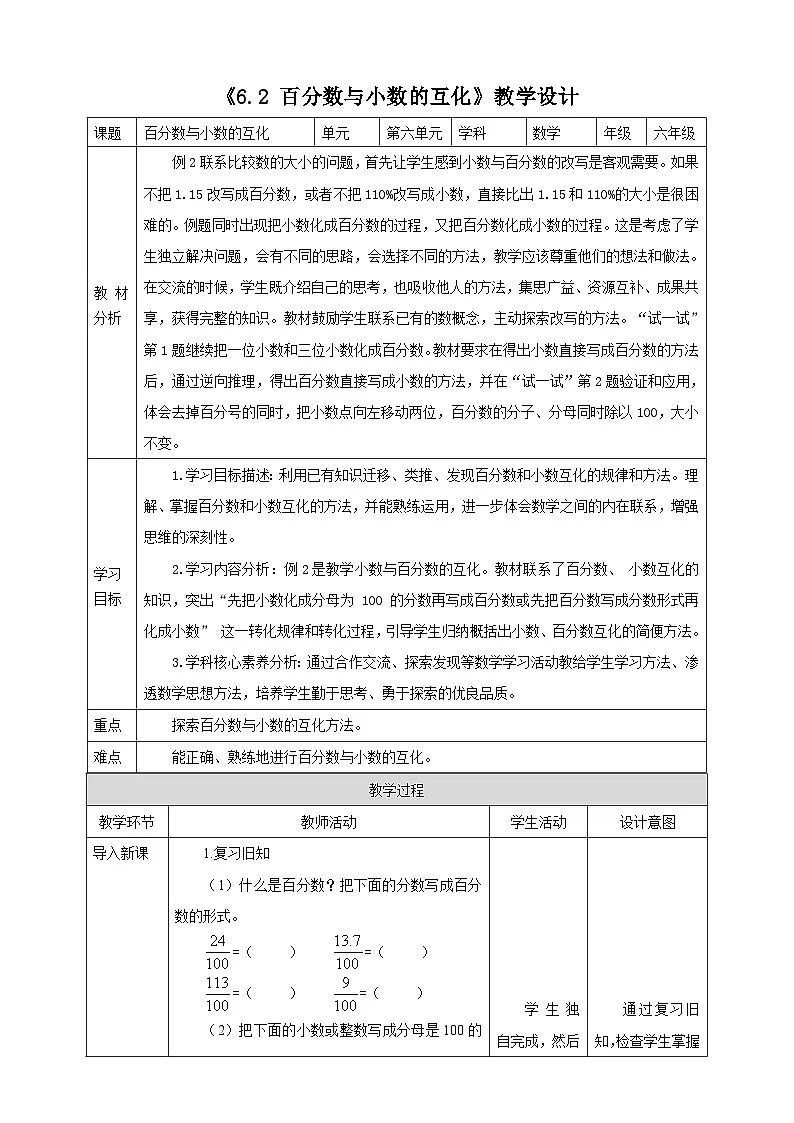 《6.2 百分数与小数的互化》教学设计 2025-2026学年小学数学六年级上册 苏教版第1页