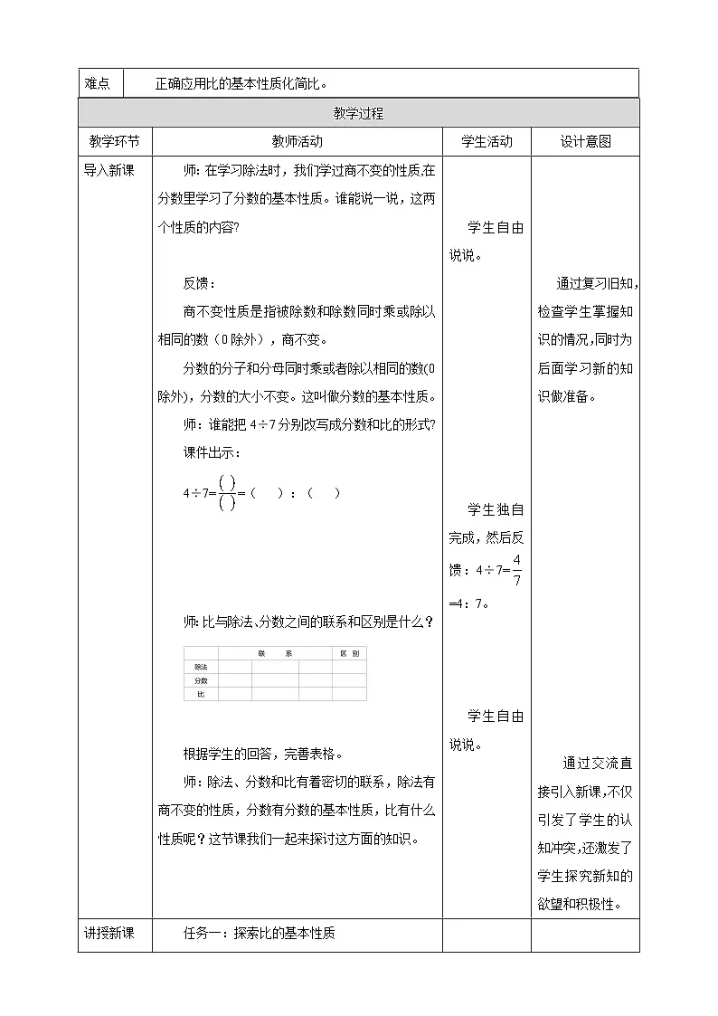 《3.7 比的基本性质》教学设计 表格式 2025-2026学年小学数学六年级上册 苏教版第2页